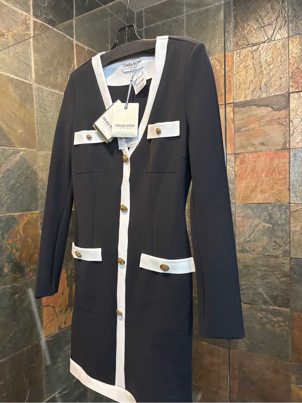 Chiara Boni Black Long Sleeve Blazer Dress with White Trim and Gold Buttons